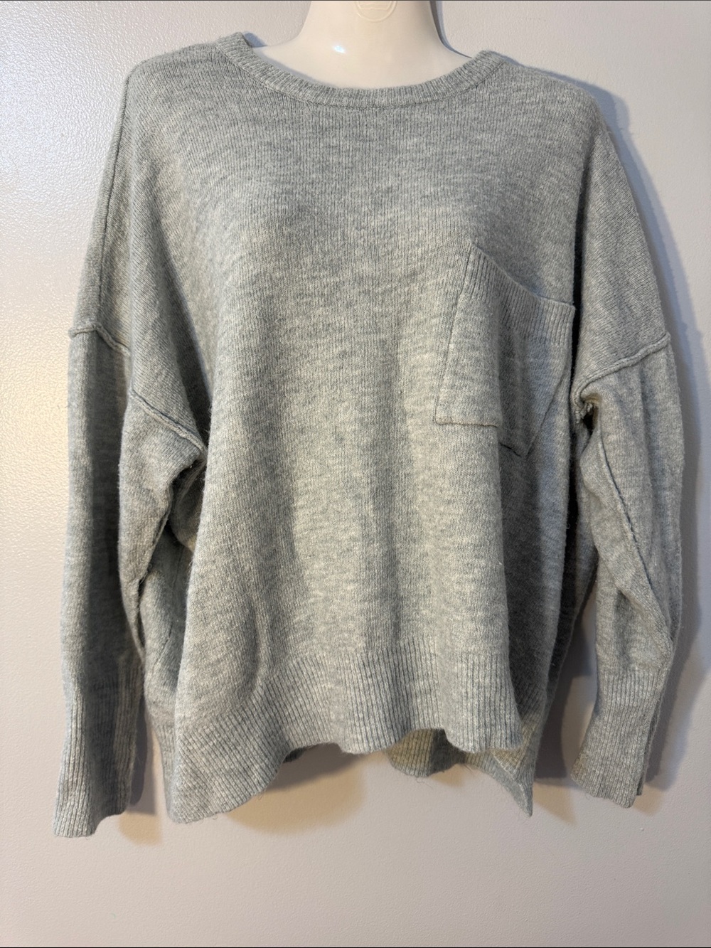 Zenana Outfitters Heather Gray Crewneck Sweater with Chest Pocket
